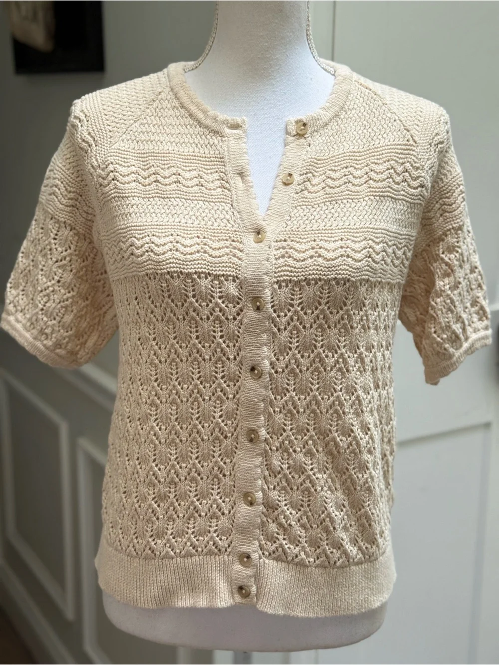 Boden Elodie Stitch Crew Cardigan K1098 Cotton Pointelle Knit Lace Cream M Top